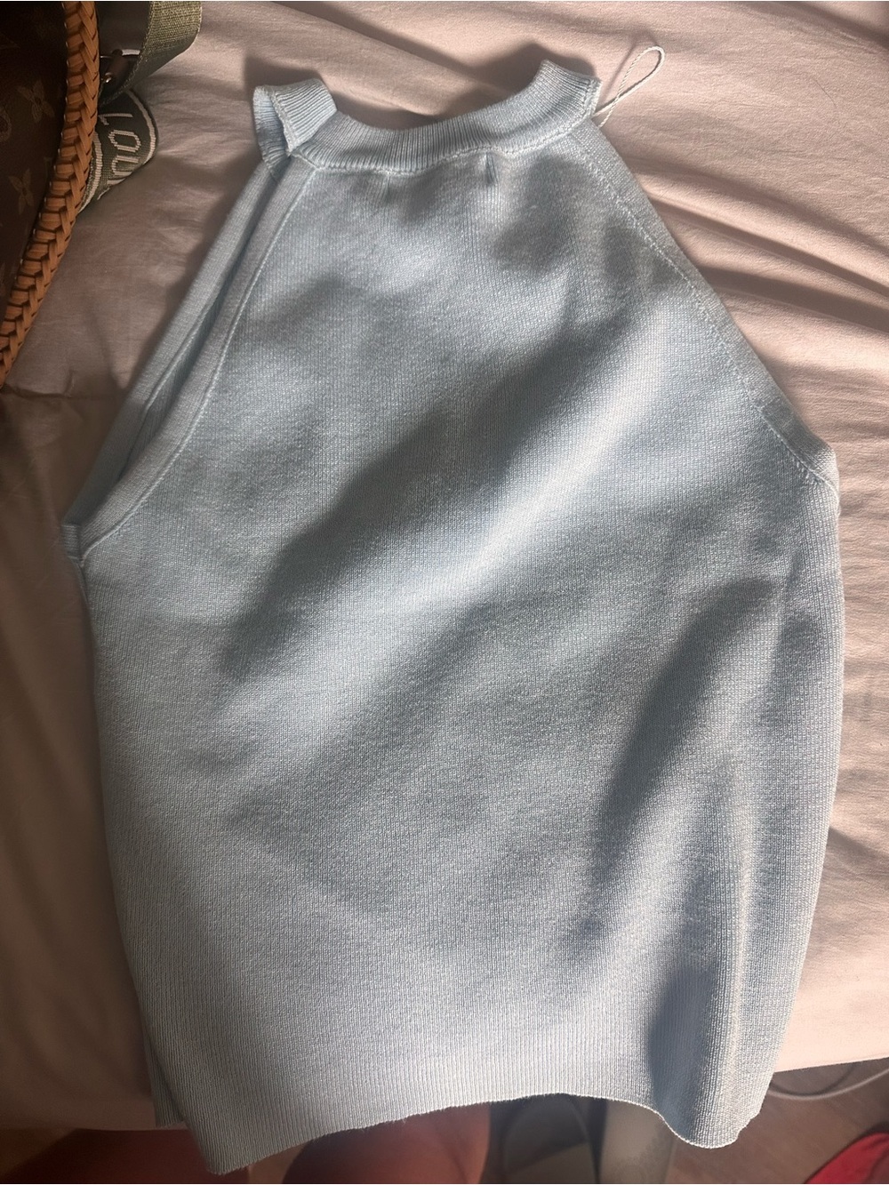 Sky Blue Knit Halter Tank with Embossed CC - Picture 3 of 5